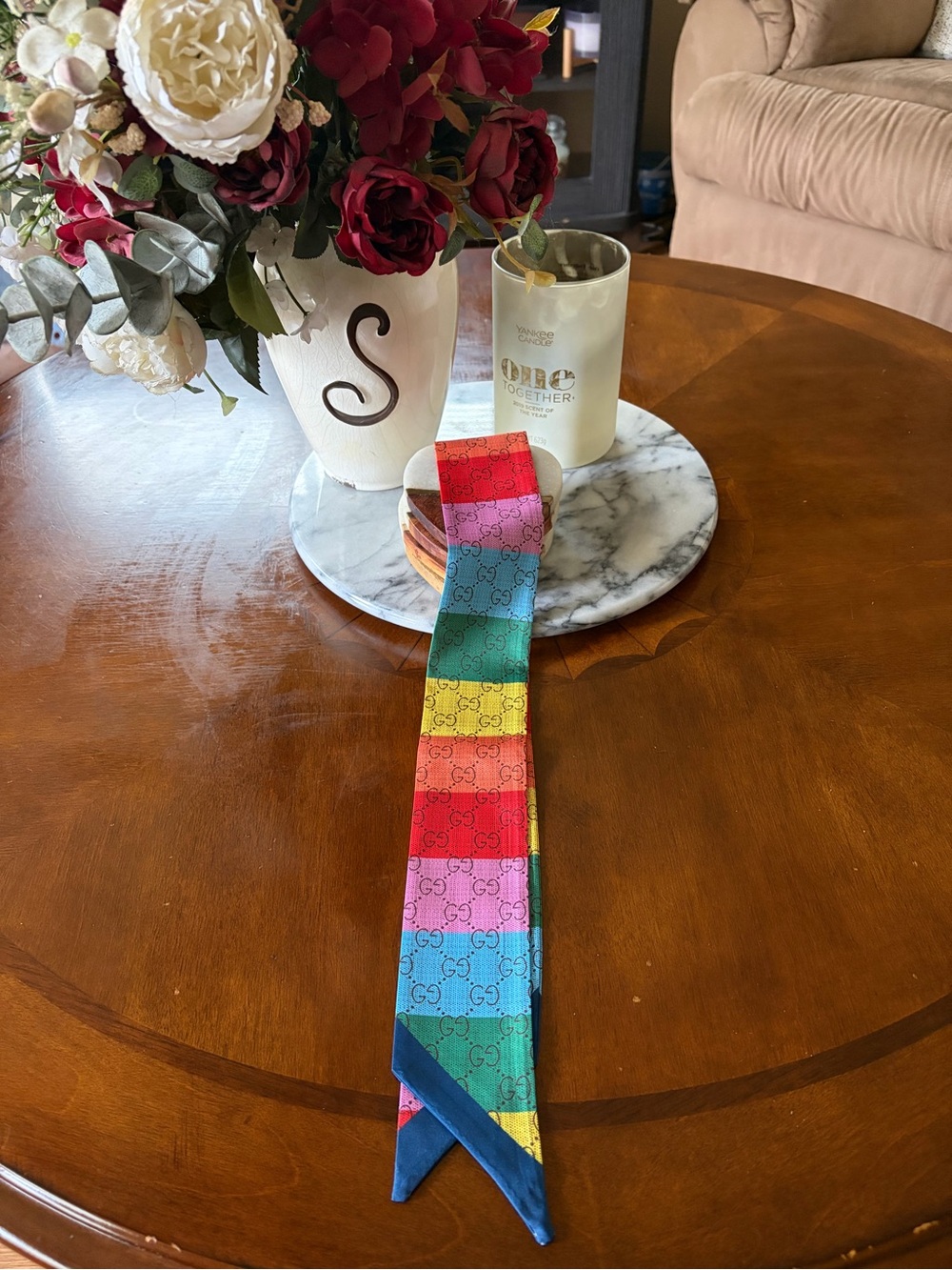 Gucci Multicolor Rainbow Stripe Silk Scarf - Pink Red Yellow Green Blue